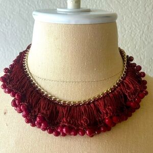 Statement Wine Color Tassel beaded Necklace - Boho Maroon Collar Necklace